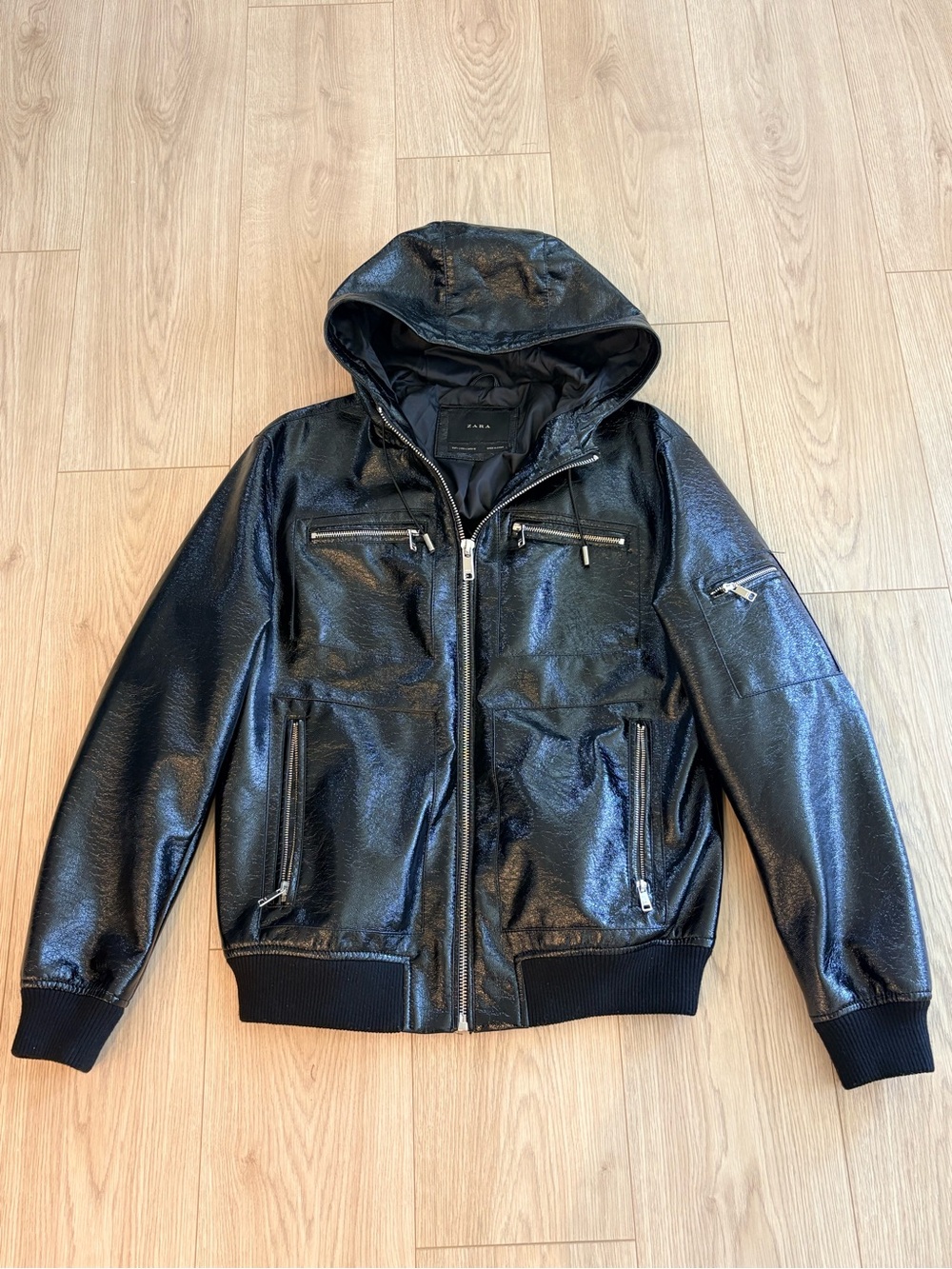 Zara Glossy Black Glossy Biker Moto Jacket Multi Zippered Hooded Coat Large Rare